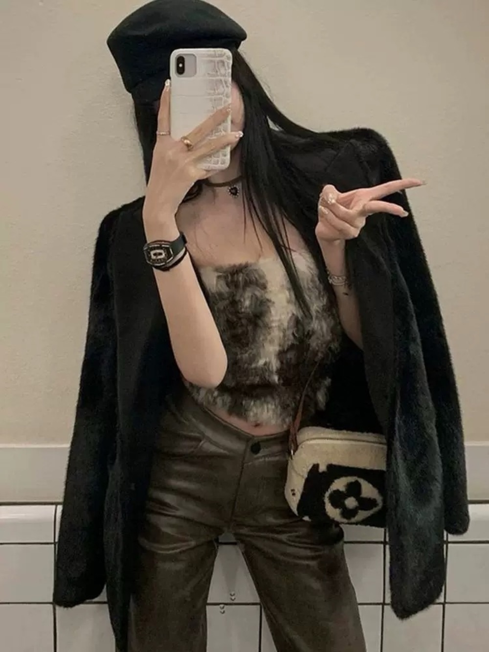 Faux Fur Crop Tube Top in Brown and Cream